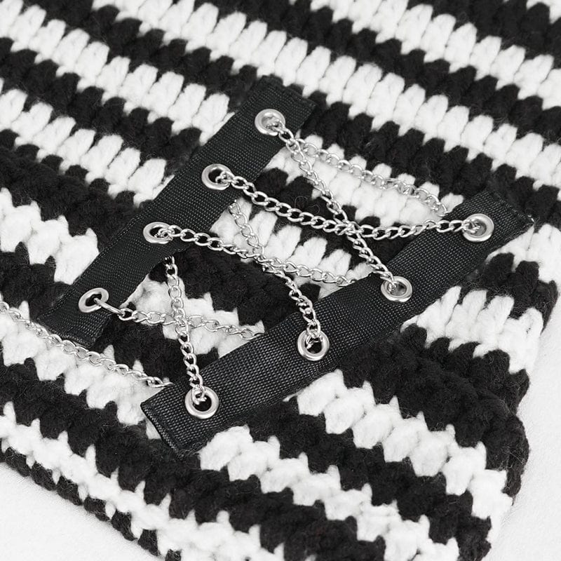 Women's Grunge Striped Pin Car Ears Beanie Black - Image 12