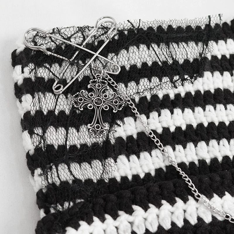 Women's Grunge Striped Pin Car Ears Beanie Black - Image 13
