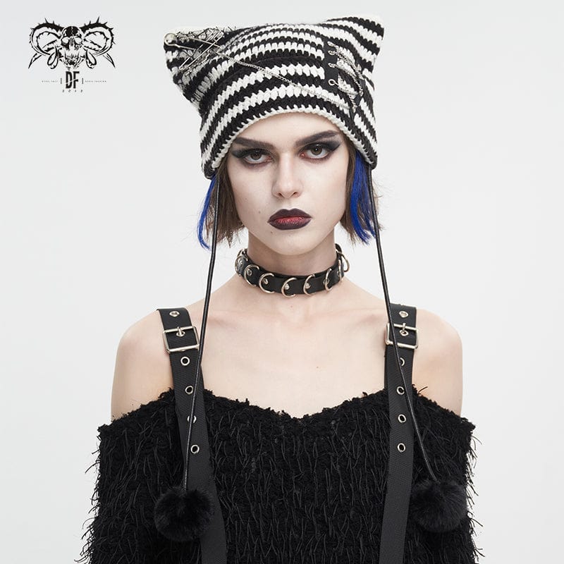 Women's Grunge Striped Pin Car Ears Beanie Black - Image 2