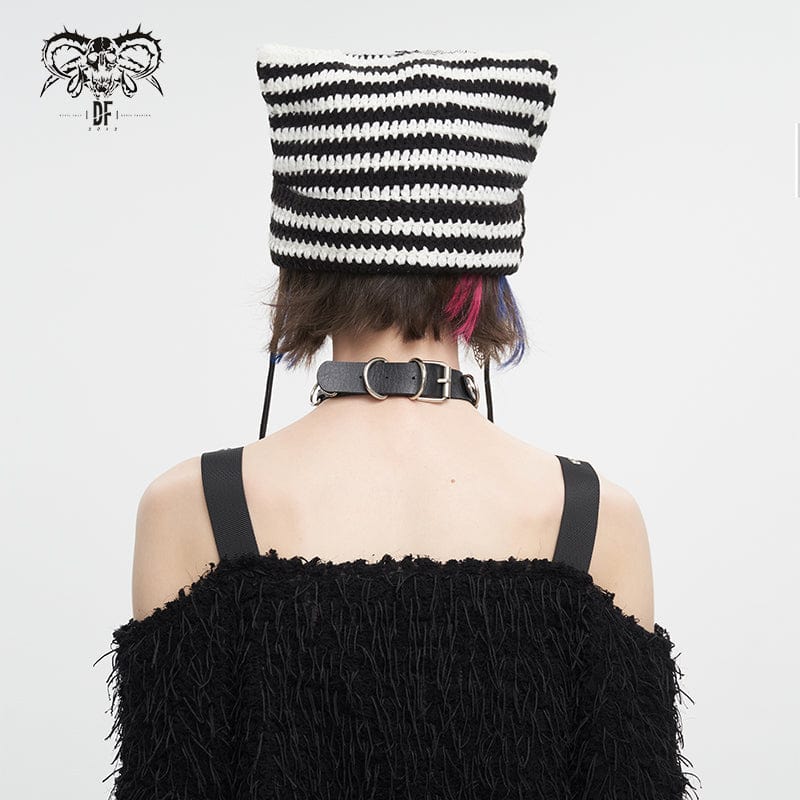 Women's Grunge Striped Pin Car Ears Beanie Black - Image 5