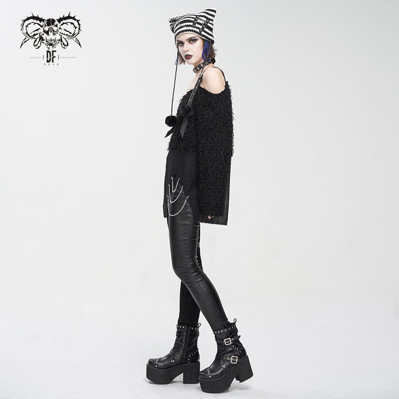 Women's Grunge Striped Pin Car Ears Beanie Black - Image 6