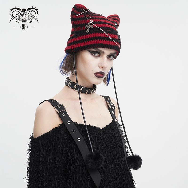 Women's Grunge Striped Pin Car Ears Beanie Red - Image 2
