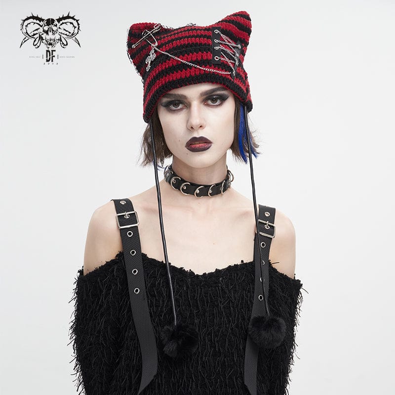 Women's Grunge Striped Pin Car Ears Beanie Red - Image 3