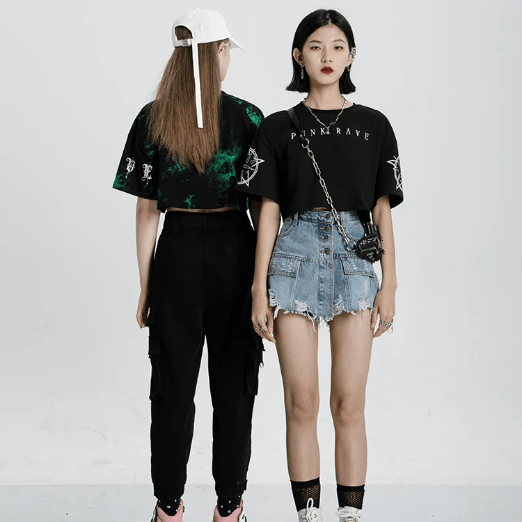 Women's Grunge Two-piece Loose Black T-shirt with Mesh Tops - Image 4