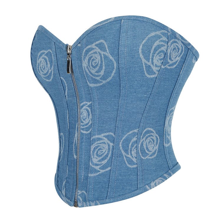Women's Grunge Zipper Rose Denim Overbust Corset - Image 2
