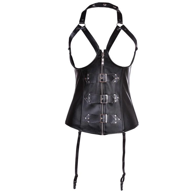 Women's Halter Buckle Up Faux Leather Corset With G String - Image 4