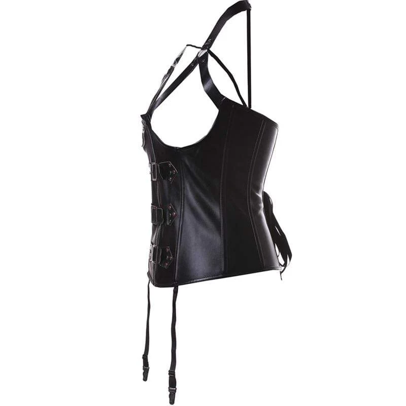 Women's Halter Buckle Up Faux Leather Corset With G String - Image 3