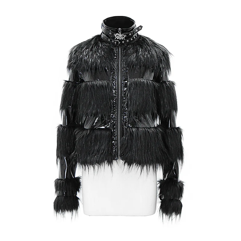 Women's High Neck Belts Fluffy Pu Jackets - Image 4