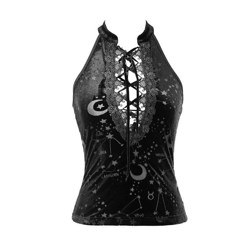 Women's Lace-up Sheer Constellation Moon Tank Tops - Image 4