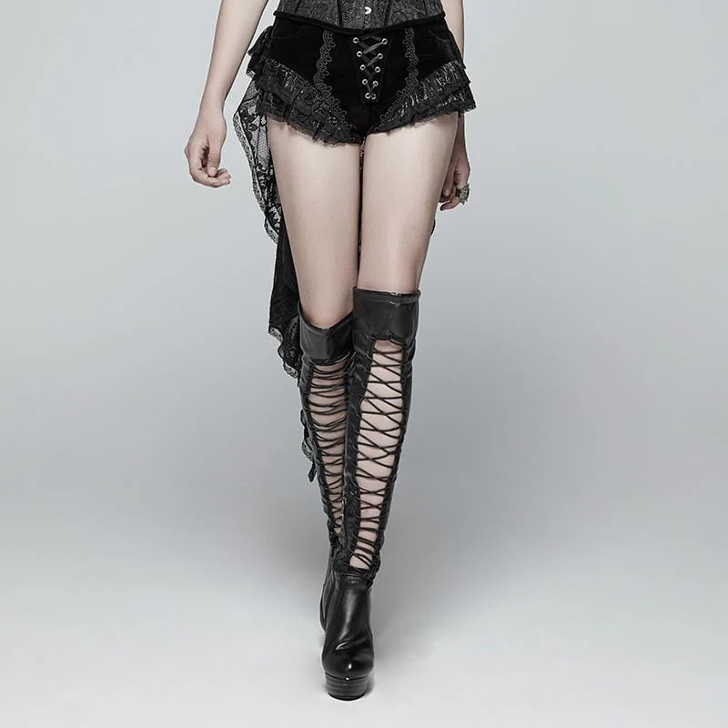 Women's Lolia Lace-up Lace Hem Velvet Shorts With Long Ruffles