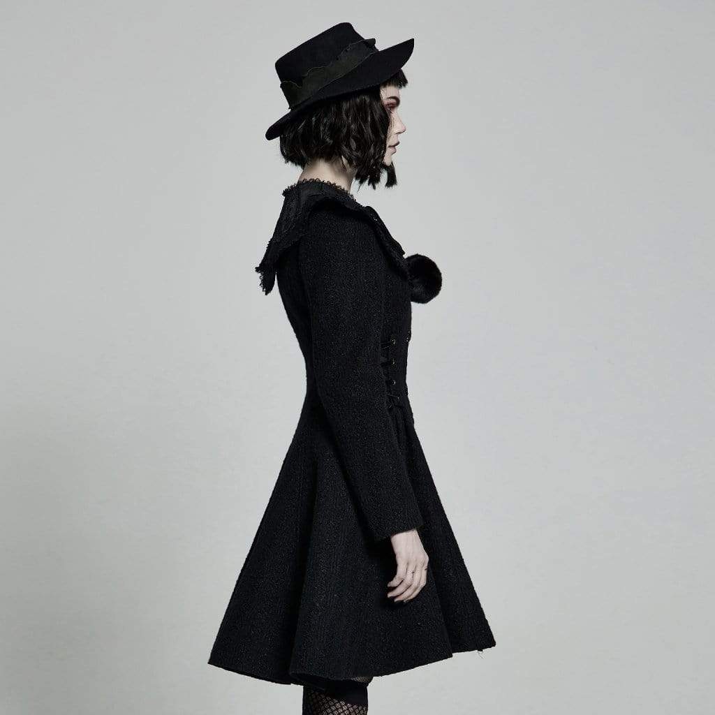 Women's Lolita Black Woolen Coat With Removable Collar - Image 2