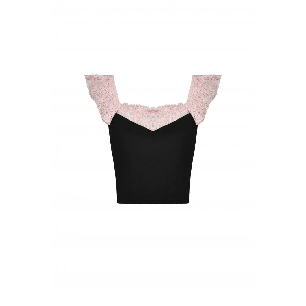 Women's Lolita Bowknot Lace Short Sleeved Crop Top - Image 9