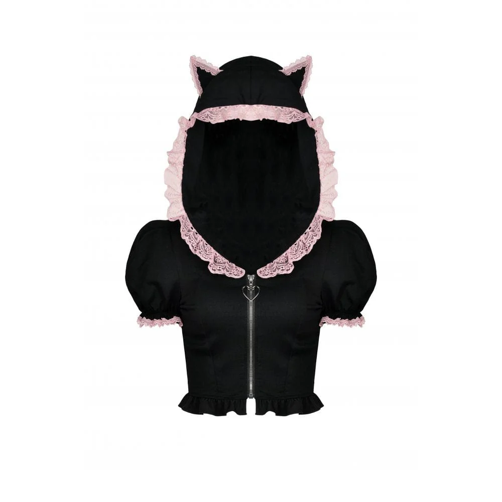 Women's Lolita Front Zip Short Sleeved Crop Top with Cat Hood - Image 10
