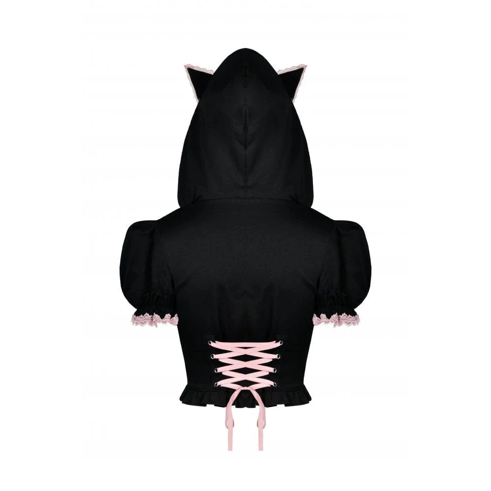 Women's Lolita Front Zip Short Sleeved Crop Top with Cat Hood - Image 11