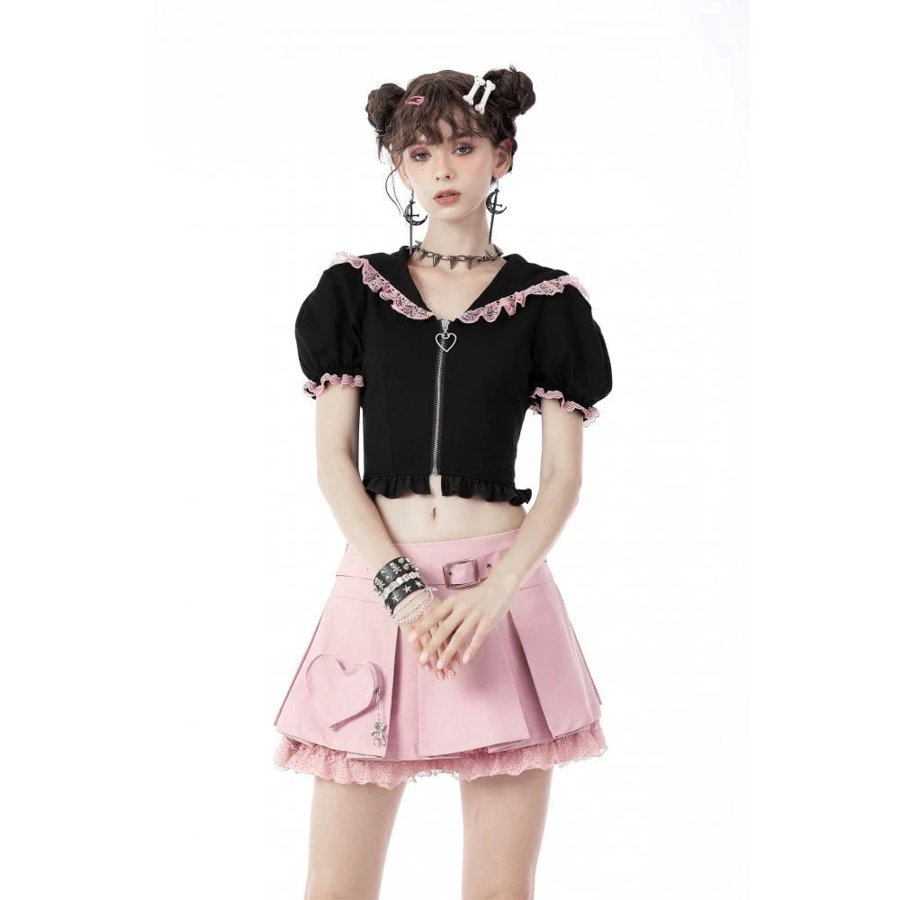 Women's Lolita Front Zip Short Sleeved Crop Top with Cat Hood - Image 4