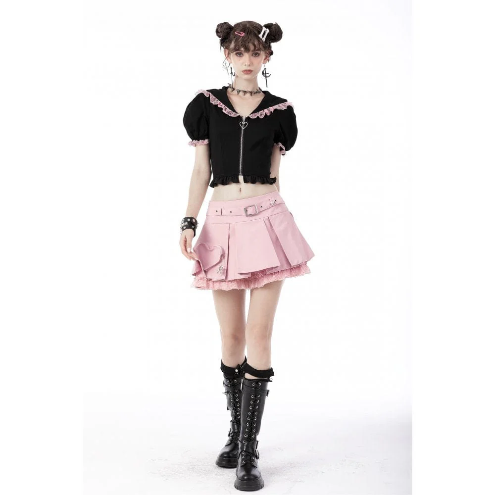 Women's Lolita Front Zip Short Sleeved Crop Top with Cat Hood - Image 7