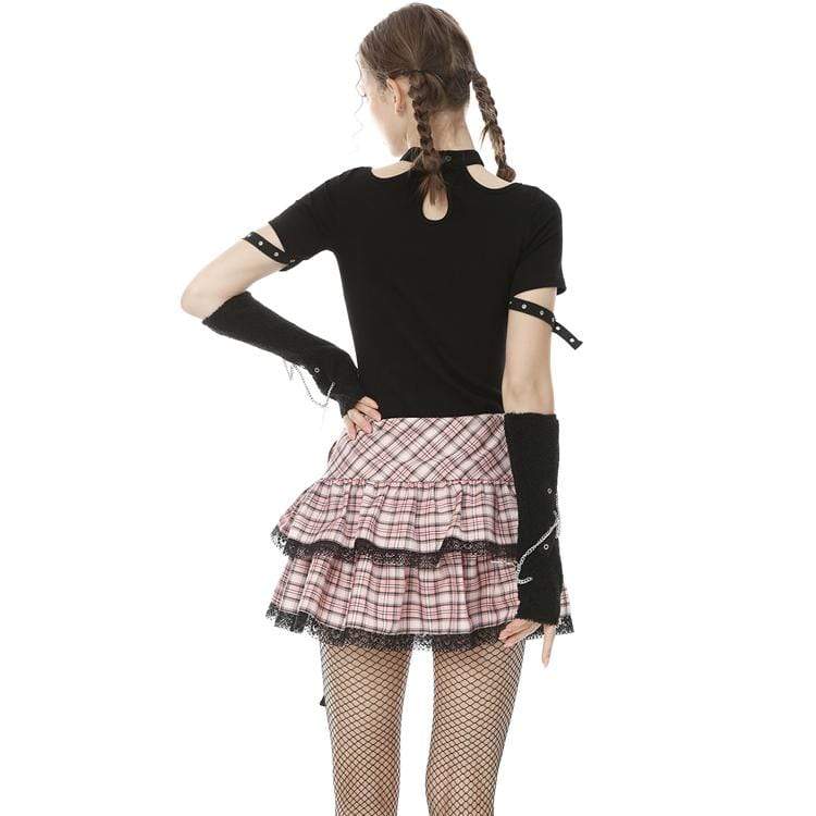 Women's Lolita Rock Heart Pink Plaid Mini Skirts with Lace Hem - Image 4