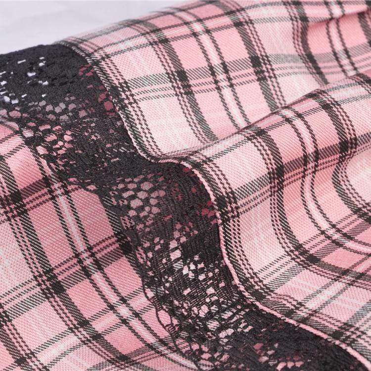Women's Lolita Rock Heart Pink Plaid Mini Skirts with Lace Hem - Image 5