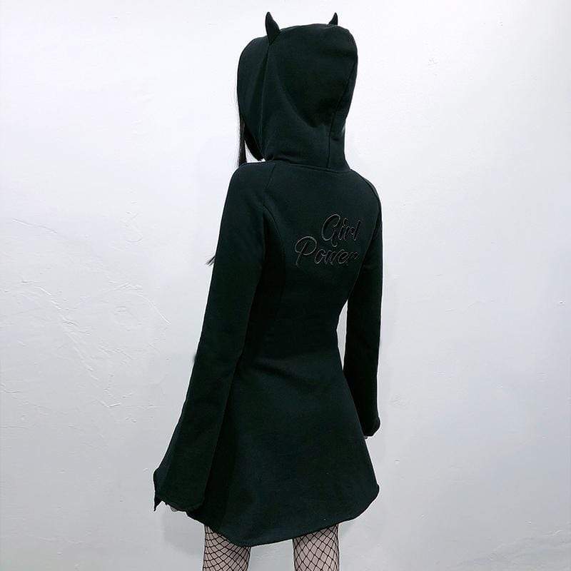 Women's Long Flare Sleeved Devil Hooded Dresses - Image 3