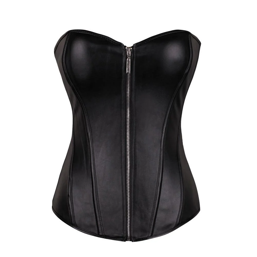 Women's Plus Size Faux Leather Overbust Zipper Corset G String - Image 3