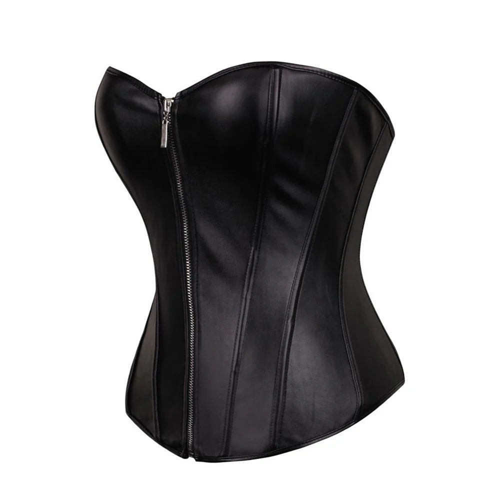 Women's Plus Size Faux Leather Overbust Zipper Corset G String - Image 4