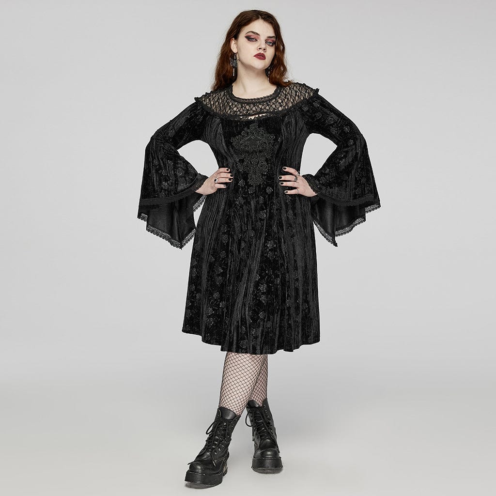Women's Plus Size Gothic Flared Sleeved Embossed Velvet Formal Dress - Image 4