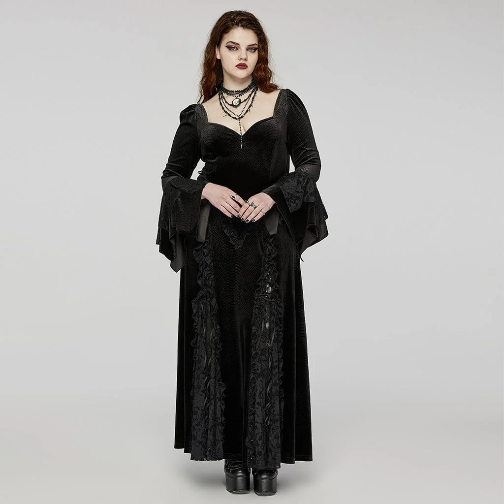 Women's Plus Size Gothic Flared Sleeved Embossed Velvet Prom Dress Wedding Dress - Image 4
