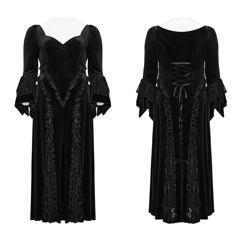 Women's Plus Size Gothic Flared Sleeved Embossed Velvet Prom Dress Wedding Dress - Image 5