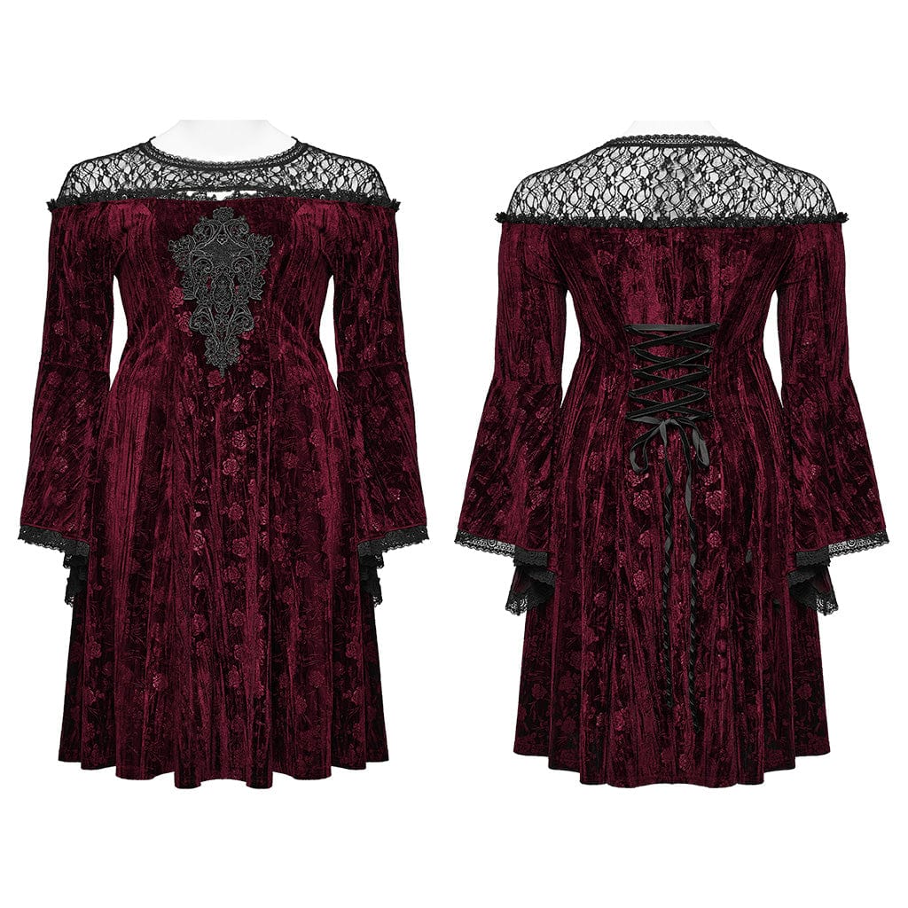 Women's Plus Size Gothic Flared Sleeved Embossed Velvet Red Formal Dress - Image 5
