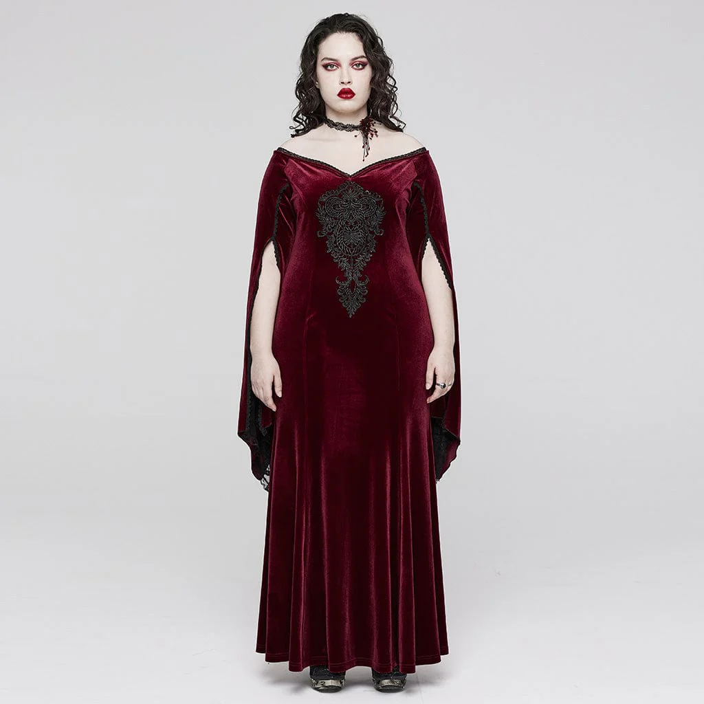 Women's Plus Size Gothic Flared Sleeved Floral Embroidered Velvet Wedding Dress - Image 6