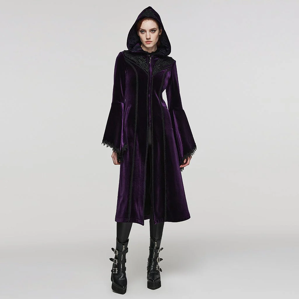 Women's Plus Size Gothic Flared Sleeved Velvet Coat with Hood - Image 5