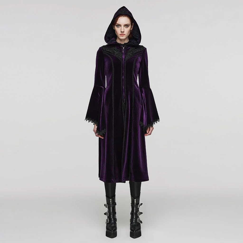 Women's Plus Size Gothic Flared Sleeved Velvet Coat with Hood - Image 6