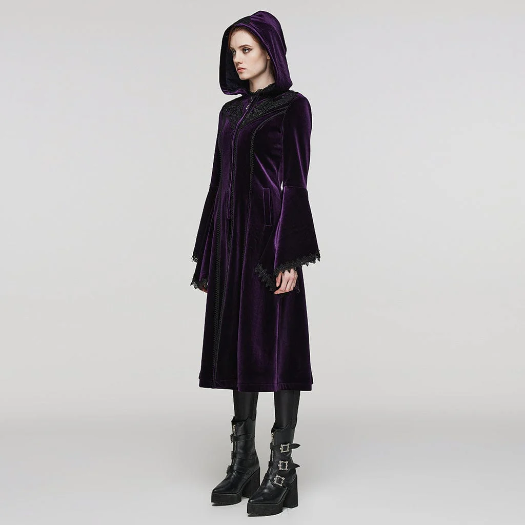 Women's Plus Size Gothic Flared Sleeved Velvet Coat with Hood - Image 7