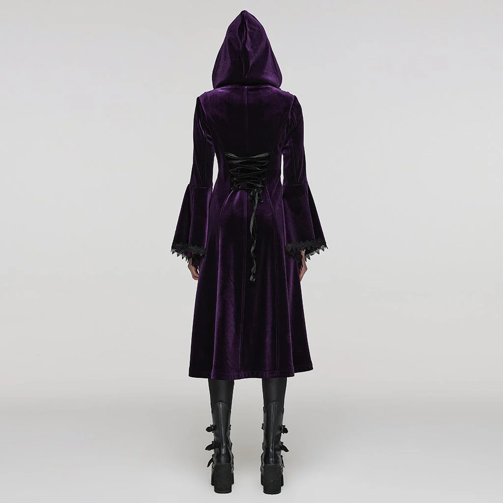 Women's Plus Size Gothic Flared Sleeved Velvet Coat with Hood - Image 8