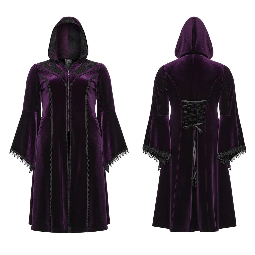 Women's Plus Size Gothic Flared Sleeved Velvet Coat with Hood - Image 9