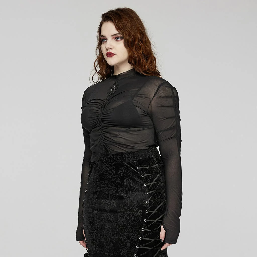 Women's Plus Size Gothic Floral Embroidered Pleated Mesh Shirt - Image 2