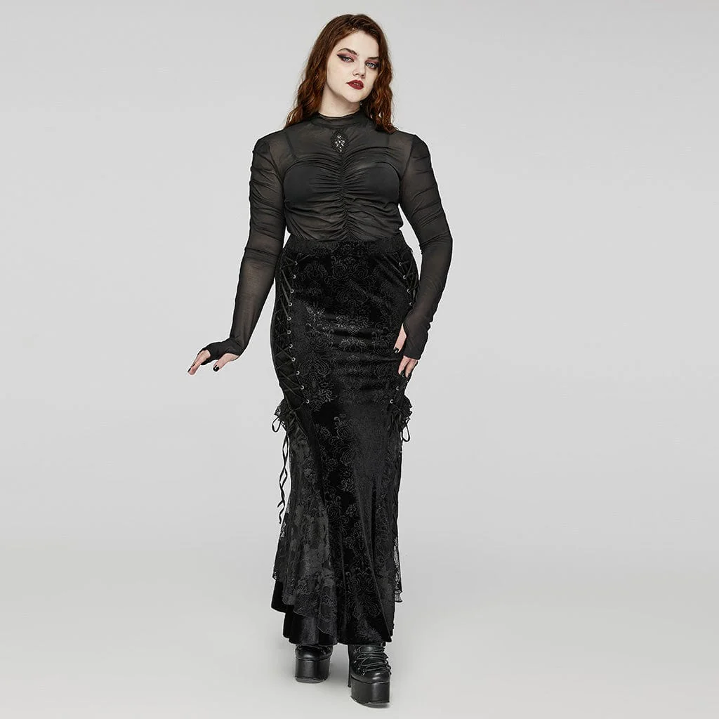 Women's Plus Size Gothic Floral Embroidered Pleated Mesh Shirt - Image 4