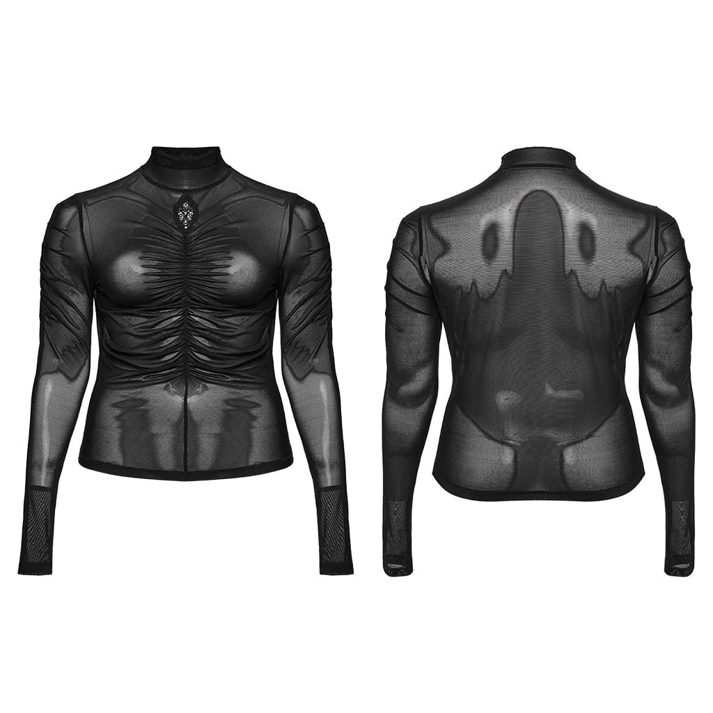 Women's Plus Size Gothic Floral Embroidered Pleated Mesh Shirt - Image 5