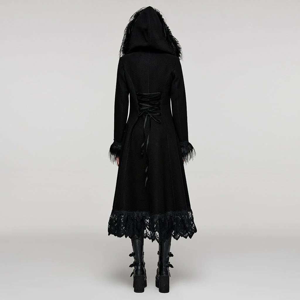 Women's Plus Size Gothic Fluffy Splice Lace Hem Coat with Hood - Image 4