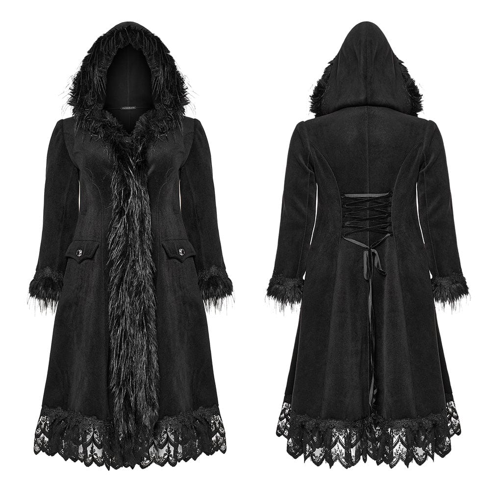 Women's Plus Size Gothic Fluffy Splice Lace Hem Coat with Hood - Image 5