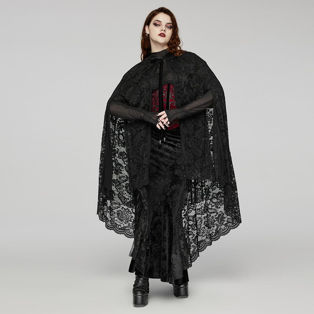 Women's Plus Size Gothic Irregular Split Lace Cape with Hood - Image 3