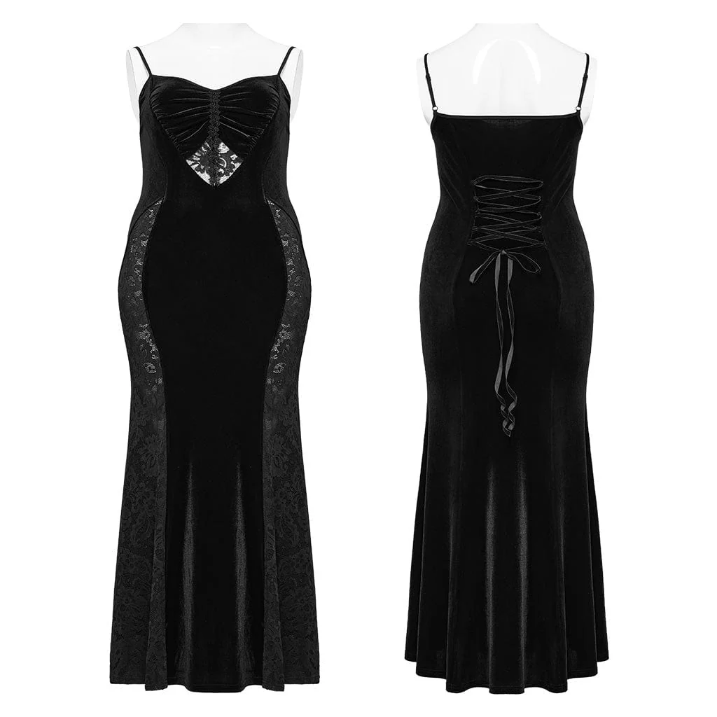 Women's Plus Size Gothic Lace Splice Velvet Fishtail Evening Slip Dress - Image 5