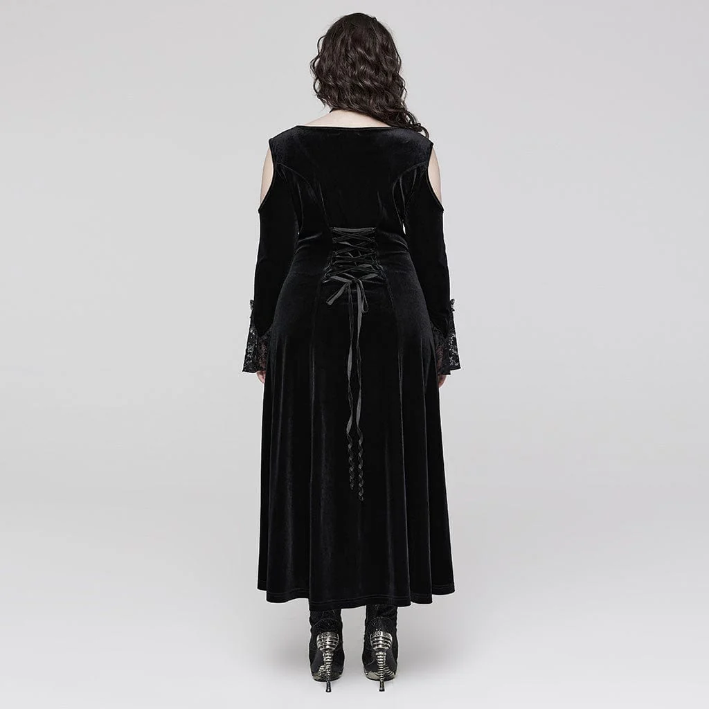 Women's Plus Size Gothic Off Shoulder Lace Splice Velvet Dress - Image 4