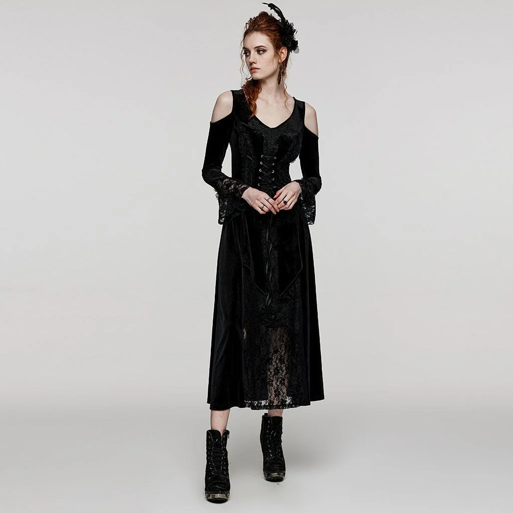 Women's Plus Size Gothic Off Shoulder Lace Splice Velvet Dress - Image 6