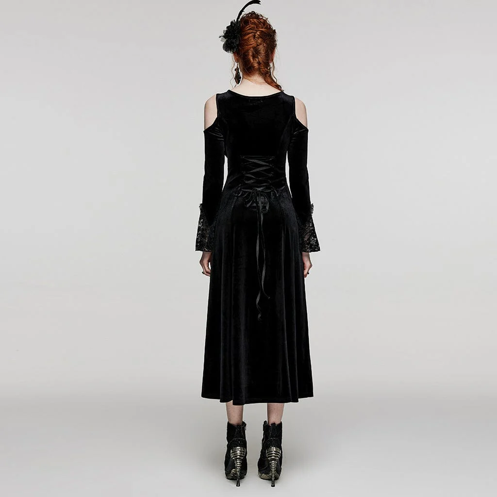 Women's Plus Size Gothic Off Shoulder Lace Splice Velvet Dress - Image 8
