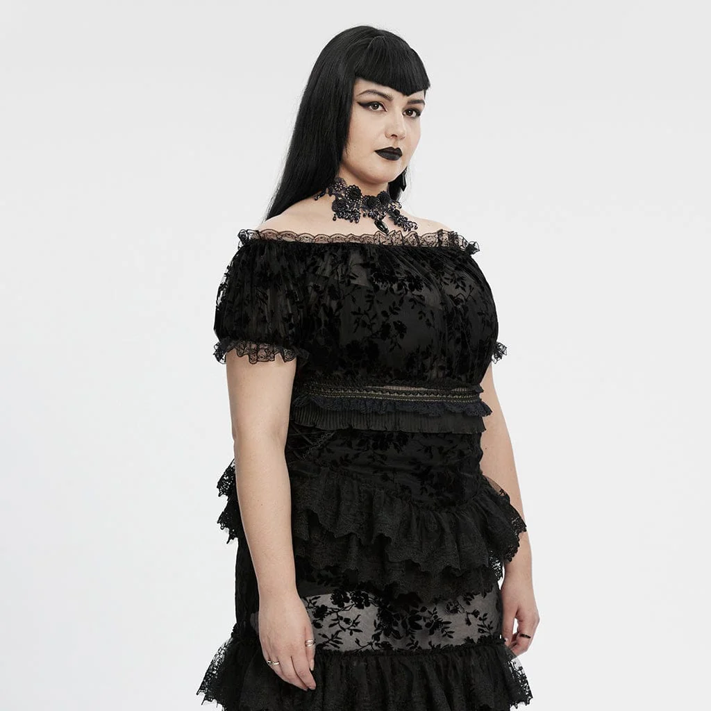 Women's Plus Size Gothic Off Shoulder Ruffles Sheer Shirt Black - Image 2