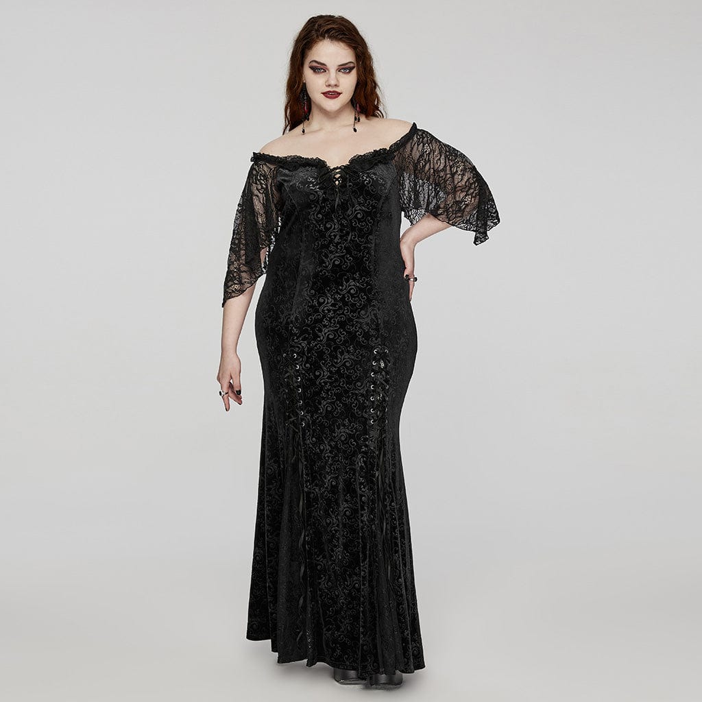 Women's Plus Size Gothic Off-the-shoulder Lace-up Velvet Gown Dress Wedding Dress - Image 2