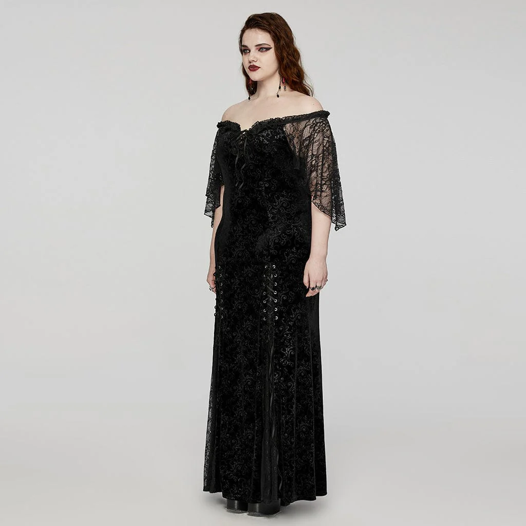Women's Plus Size Gothic Off-the-shoulder Lace-up Velvet Gown Dress Wedding Dress - Image 3