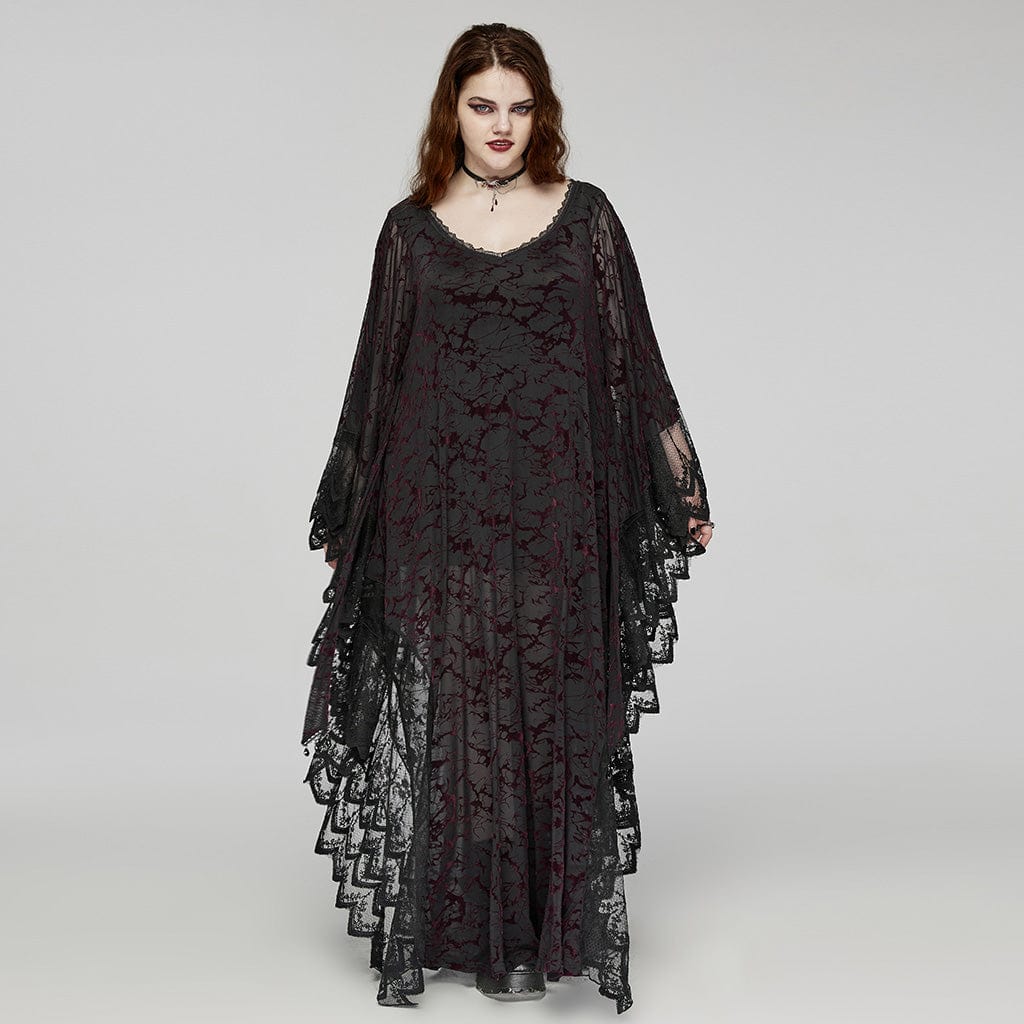 Women's Plus Size Gothic Plunging Bat Sleeved Black Red Witch Dress - Image 2