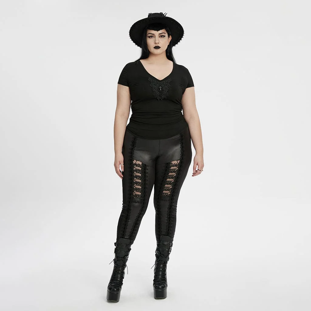 Women's Plus Size Gothic Plunging Floral Embroidered T-shirt - Image 4